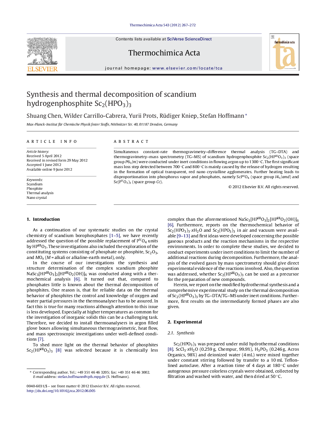 Synthesis and thermal decomposition of scandium hydrogenphosphite Sc2(HPO3)3