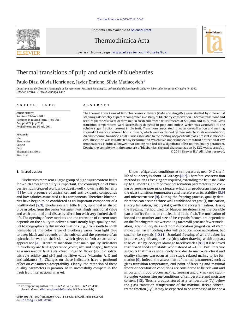 Thermal transitions of pulp and cuticle of blueberries