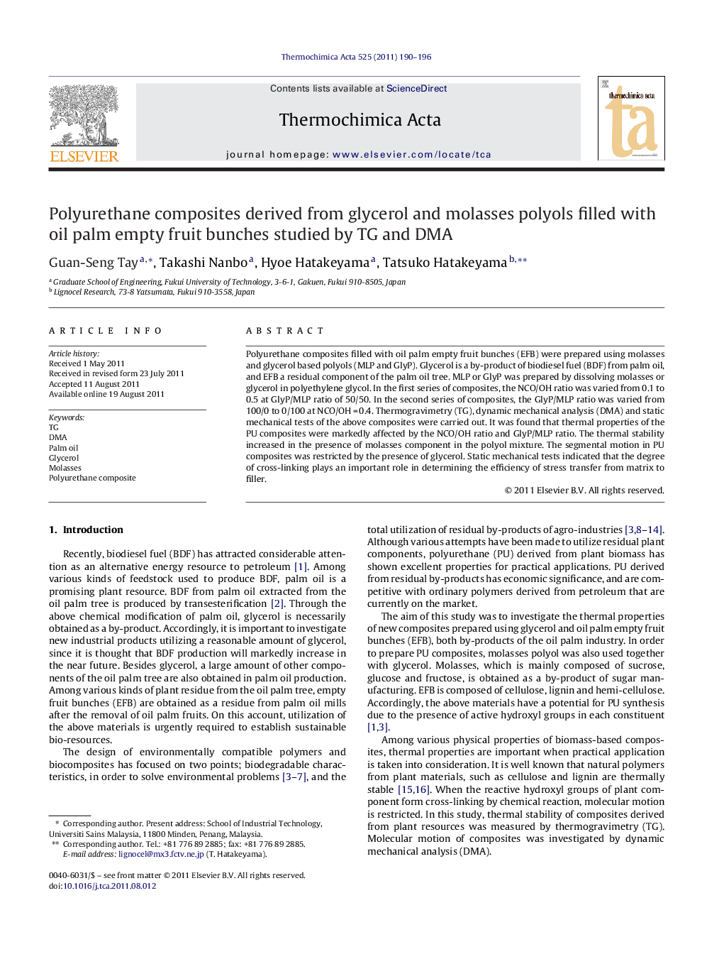 Polyurethane composites derived from glycerol and molasses polyols filled with oil palm empty fruit bunches studied by TG and DMA