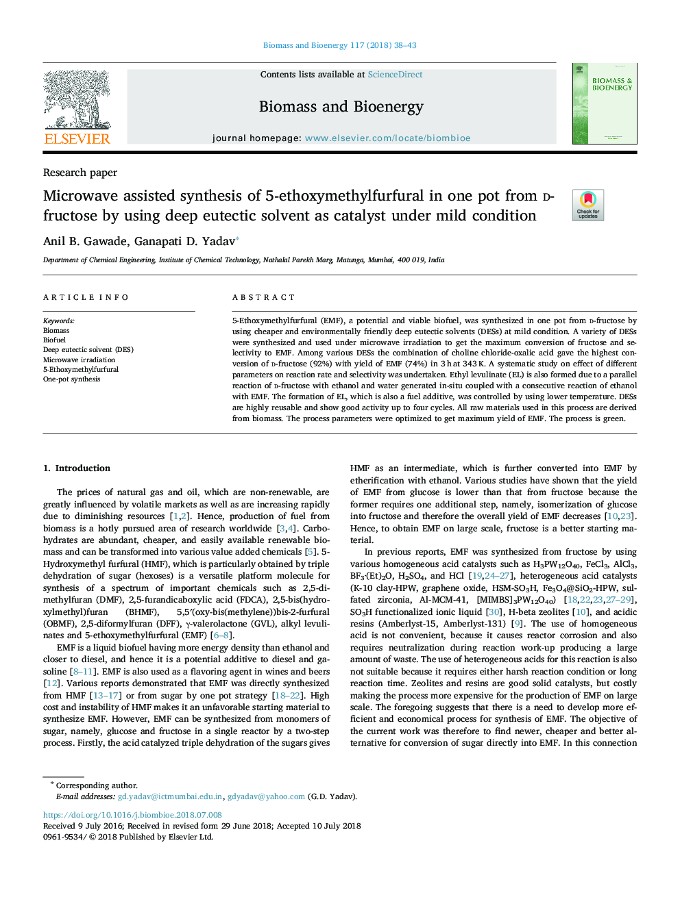 Microwave assisted synthesis of 5-ethoxymethylfurfural in one pot from d-fructose by using deep eutectic solvent as catalyst under mild condition