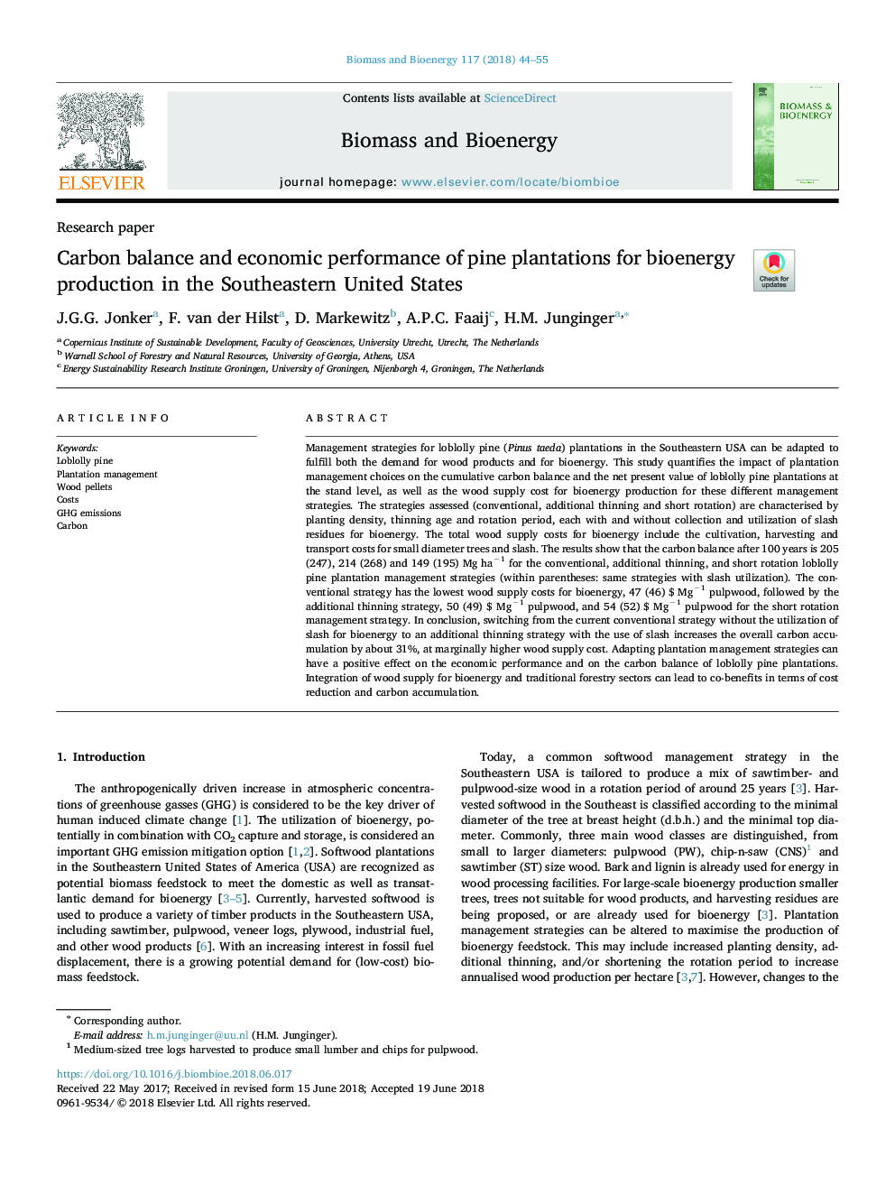 Carbon balance and economic performance of pine plantations for bioenergy production in the Southeastern United States