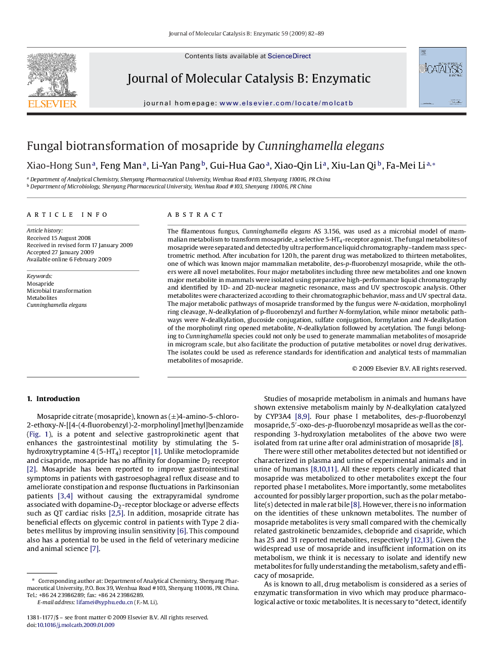 Fungal biotransformation of mosapride by Cunninghamella elegans