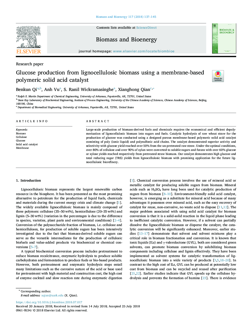 Glucose production from lignocellulosic biomass using a membrane-based polymeric solid acid catalyst