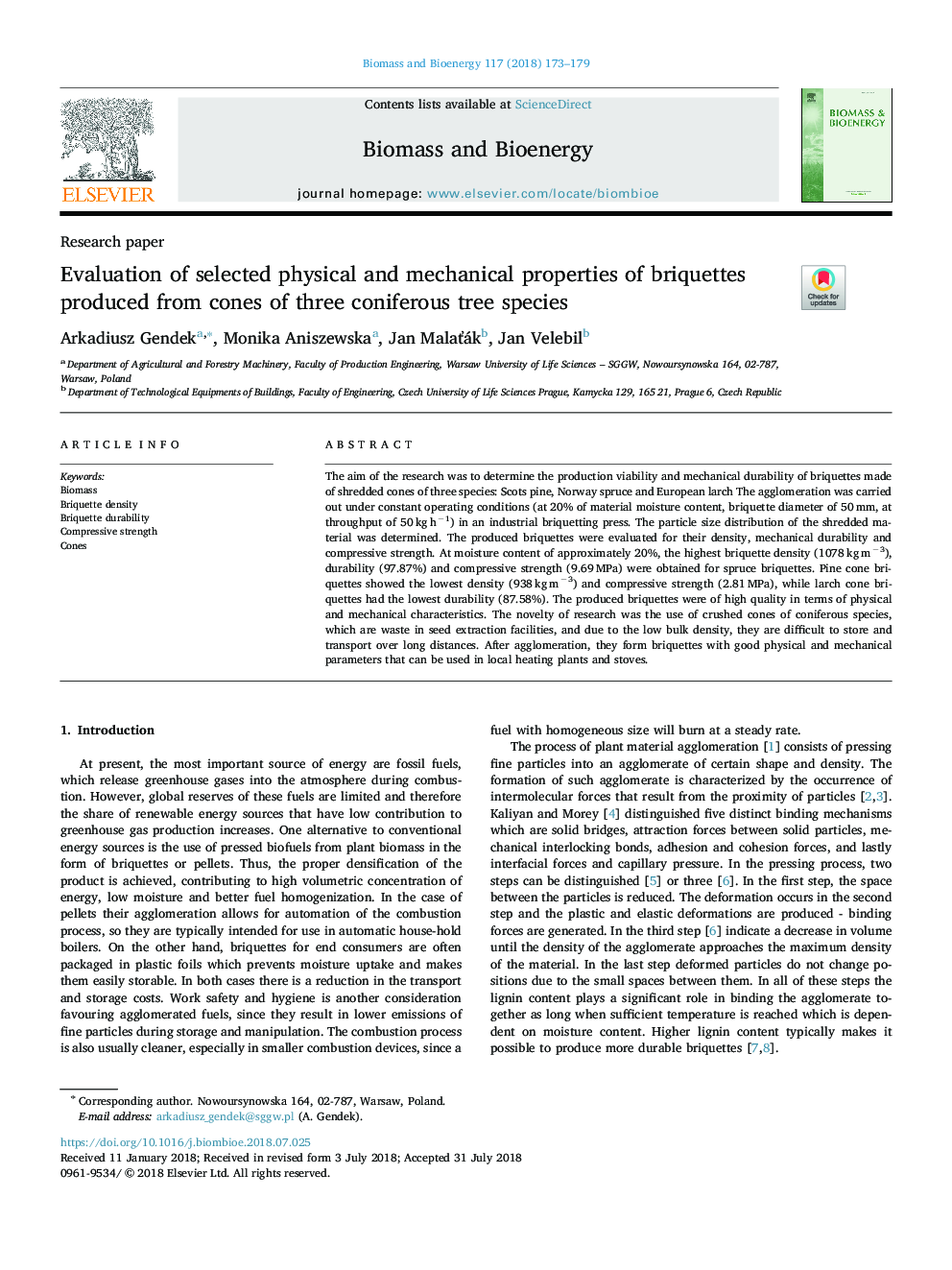 Evaluation of selected physical and mechanical properties of briquettes produced from cones of three coniferous tree species