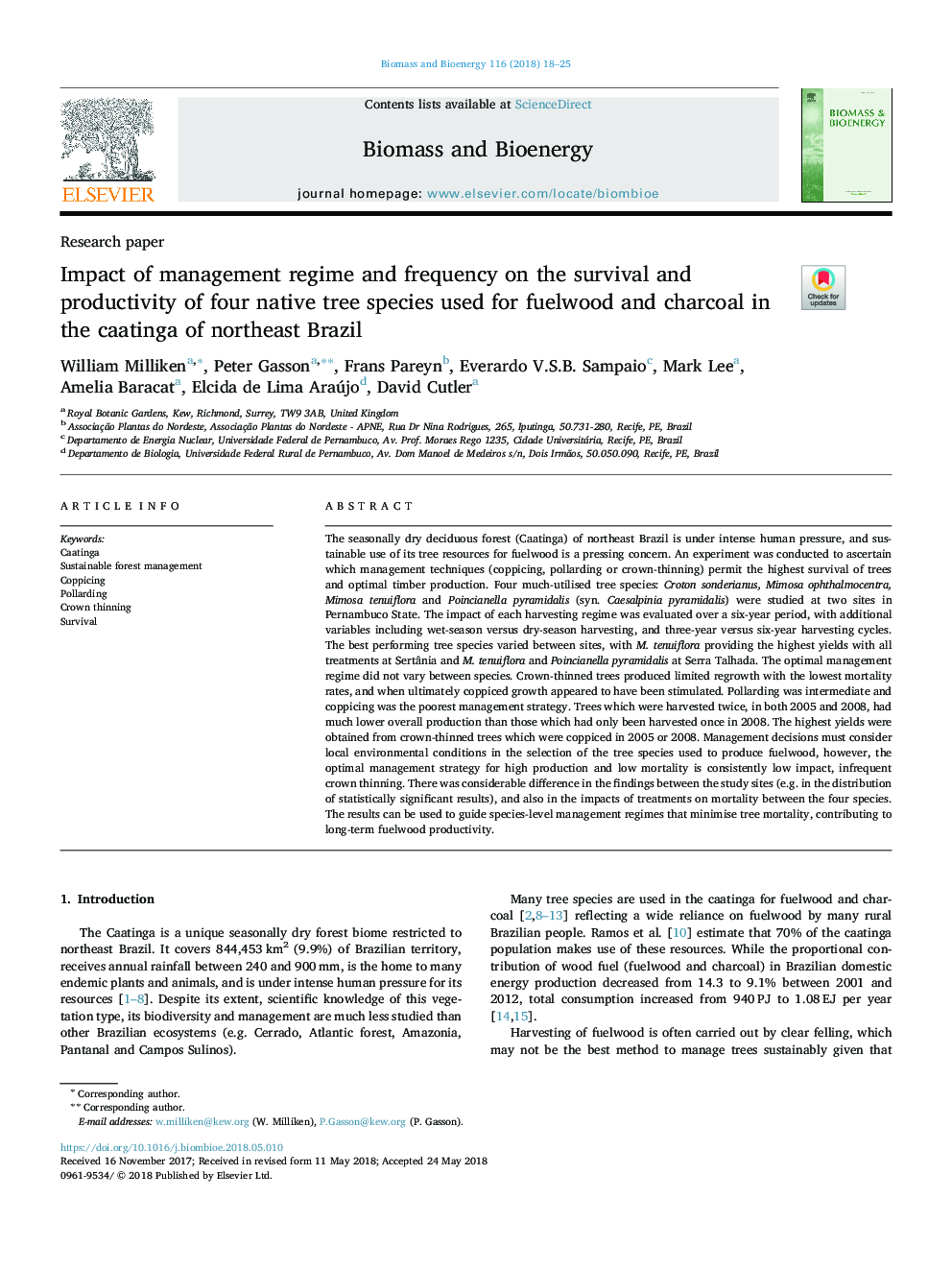 Impact of management regime and frequency on the survival and productivity of four native tree species used for fuelwood and charcoal in the caatinga of northeast Brazil