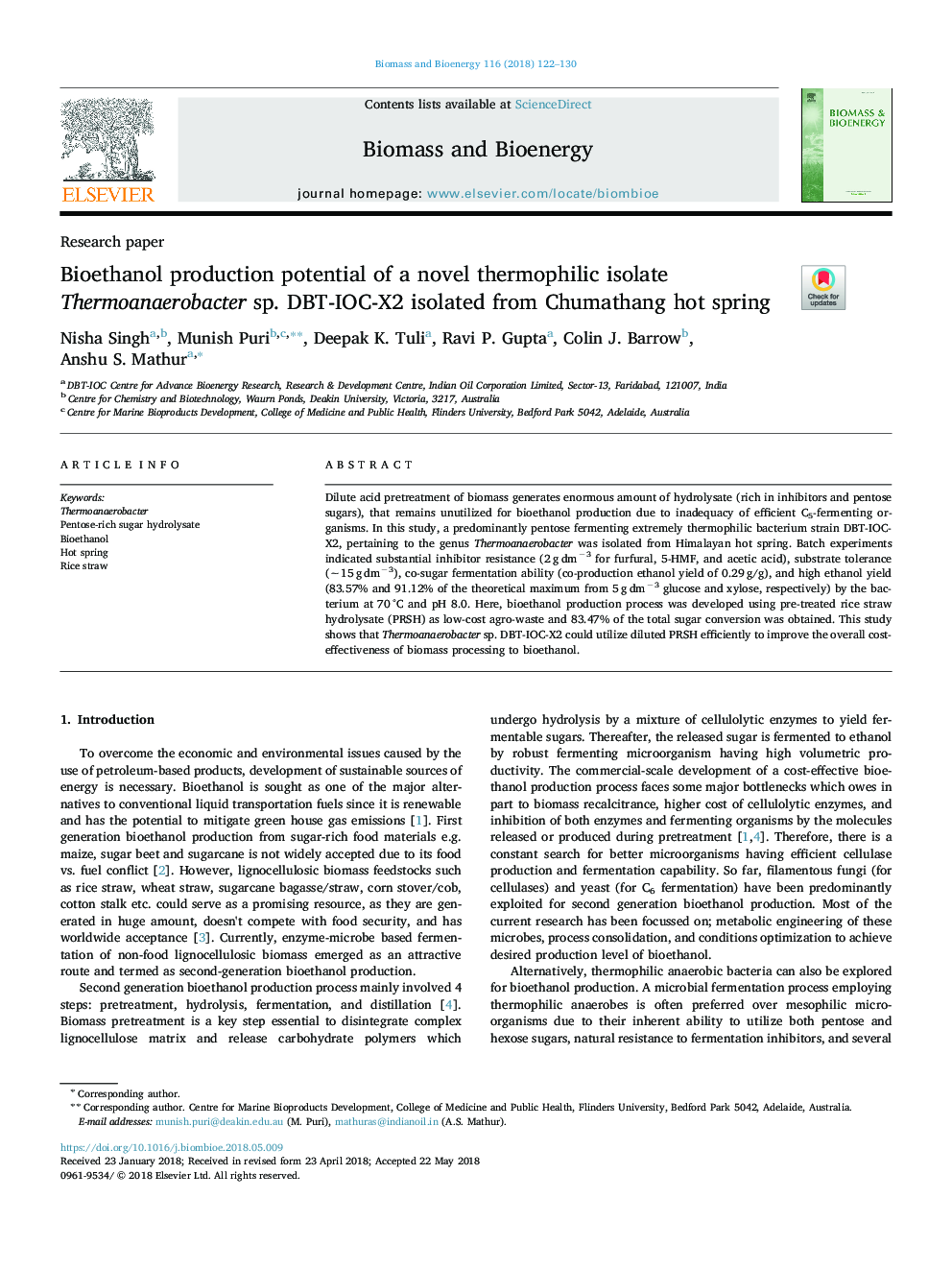 Bioethanol production potential of a novel thermophilic isolate Thermoanaerobacter sp. DBT-IOC-X2 isolated from Chumathang hot spring