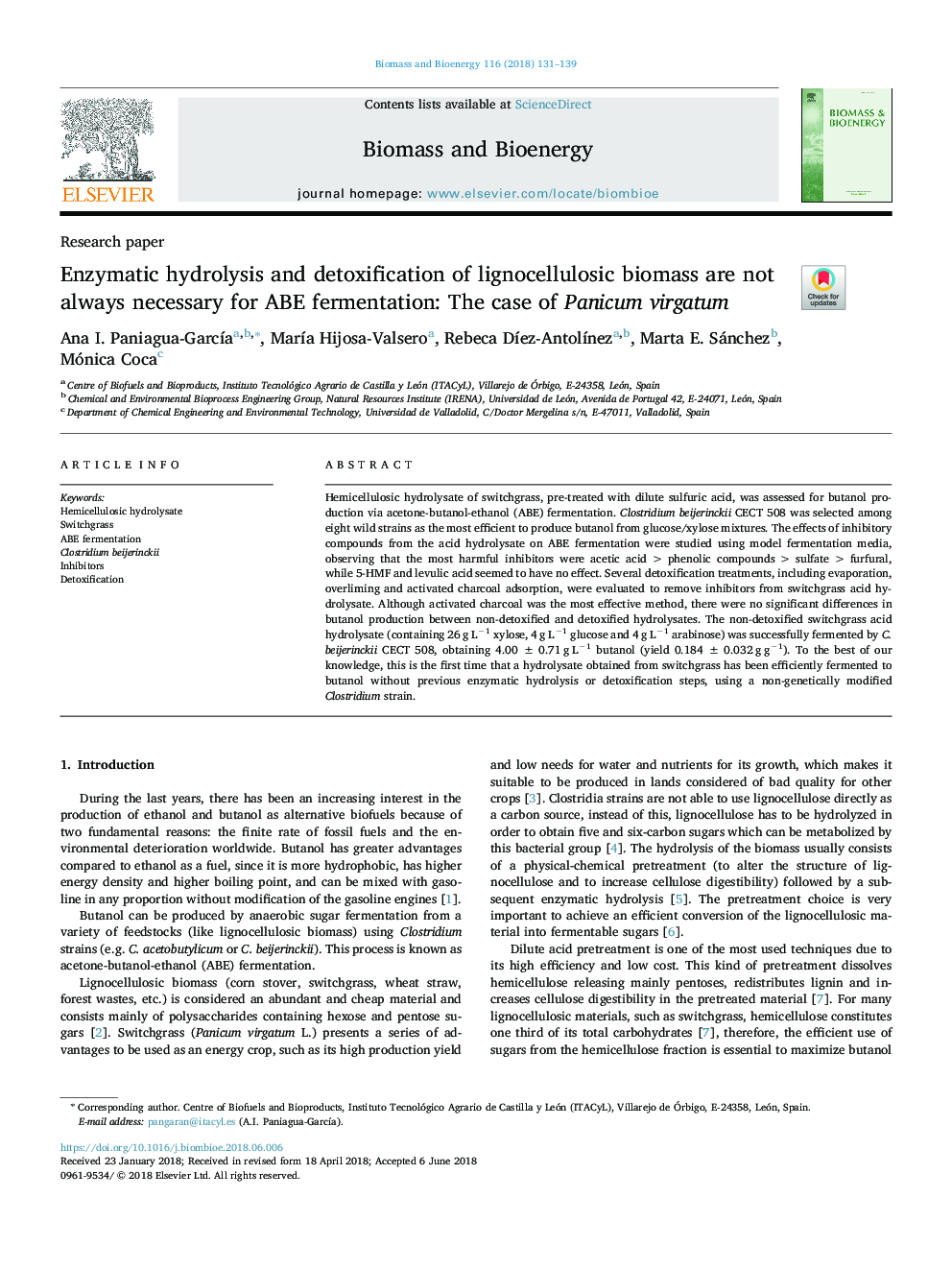 Enzymatic hydrolysis and detoxification of lignocellulosic biomass are not always necessary for ABE fermentation: The case of Panicum virgatum