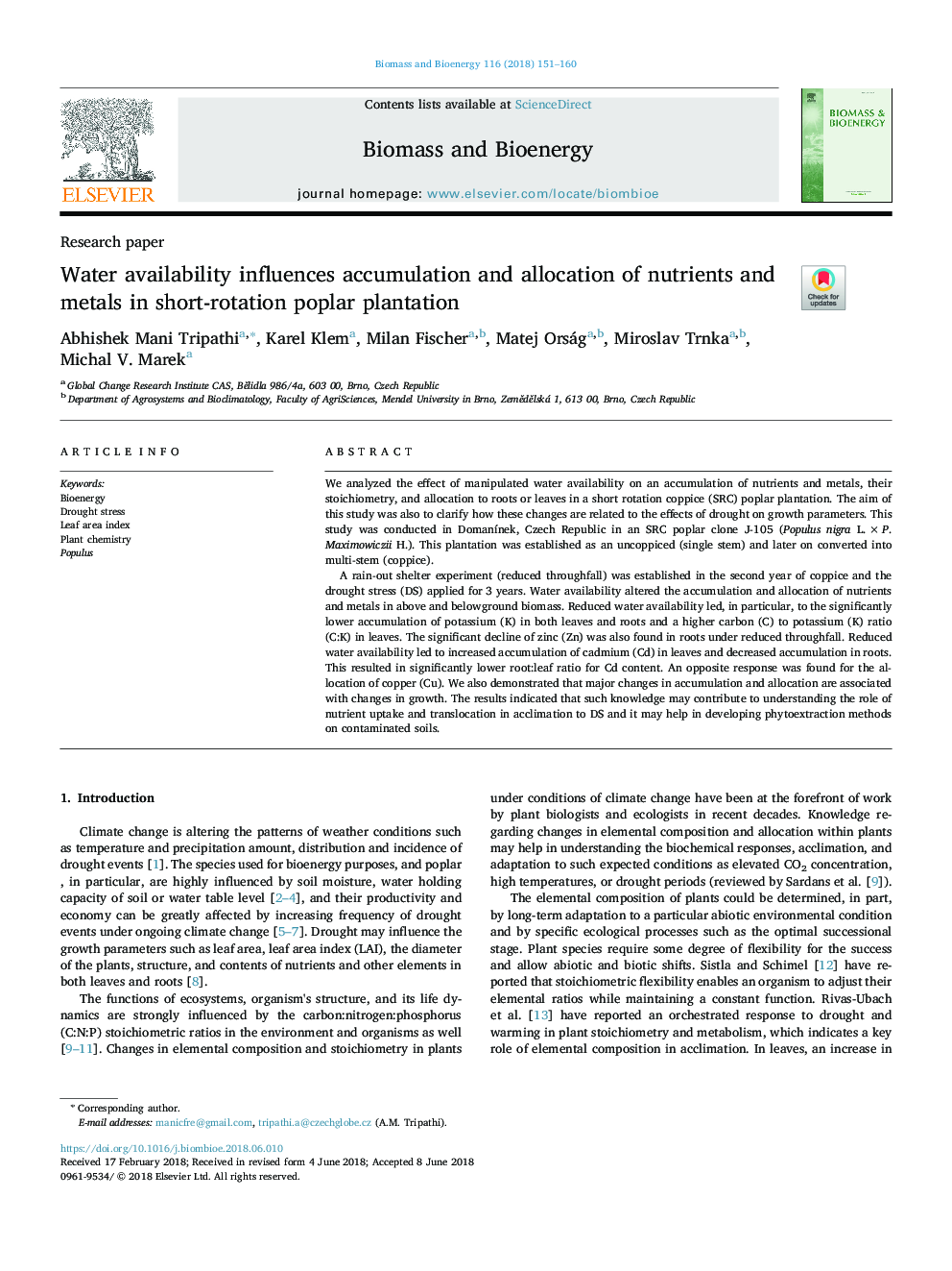 Water availability influences accumulation and allocation of nutrients and metals in short-rotation poplar plantation