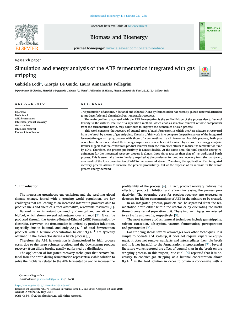 Simulation and energy analysis of the ABE fermentation integrated with gas stripping