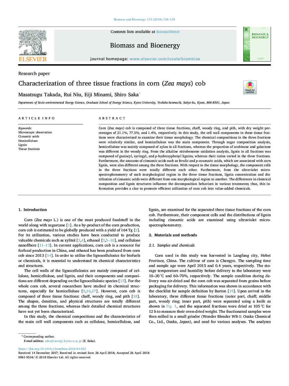 Characterization of three tissue fractions in corn (Zea mays) cob