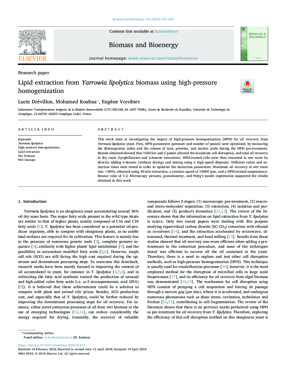 Lipid extraction from Yarrowia lipolytica biomass using high-pressure homogenization