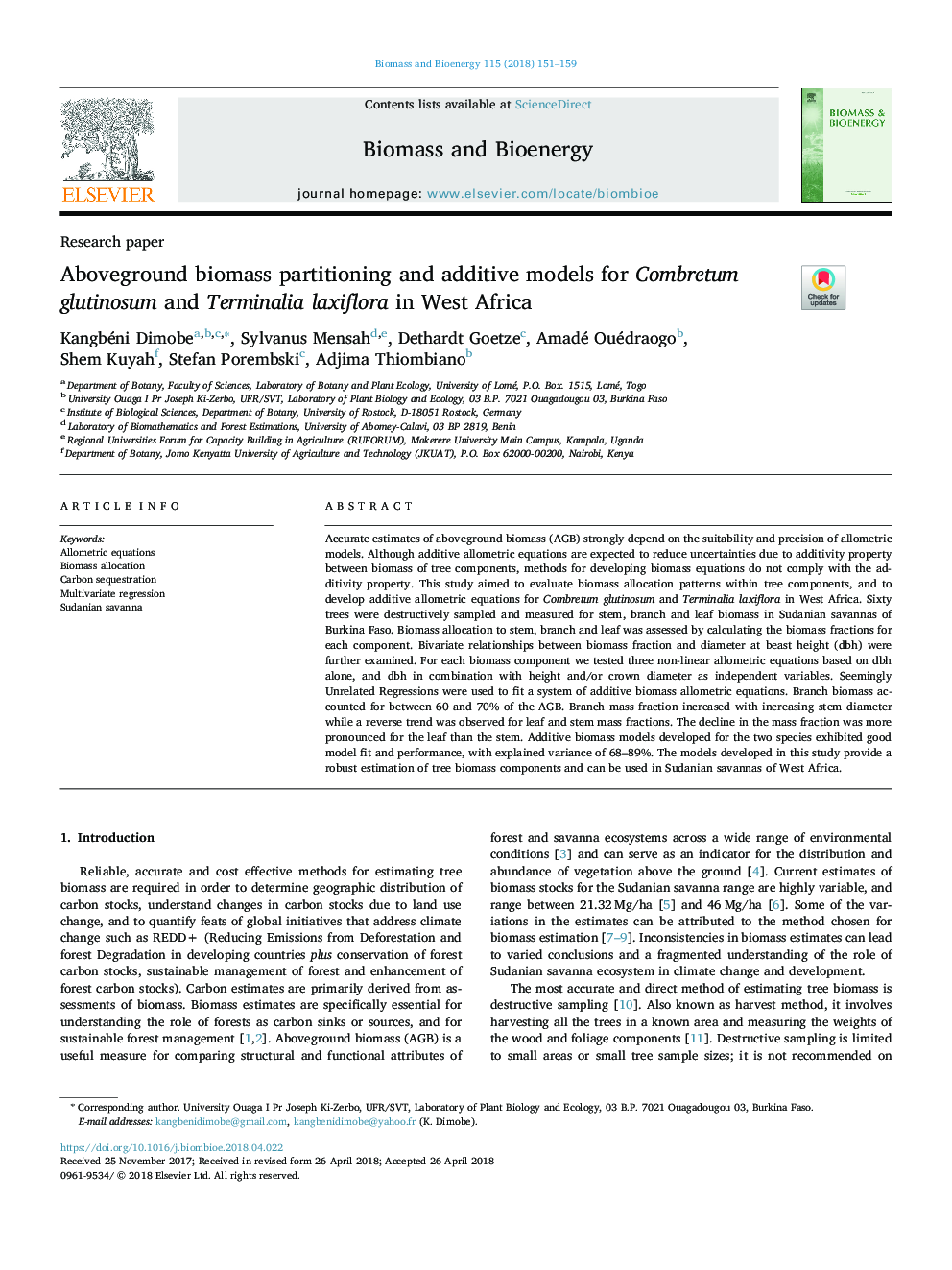 Aboveground biomass partitioning and additive models for Combretum glutinosum and Terminalia laxiflora in West Africa