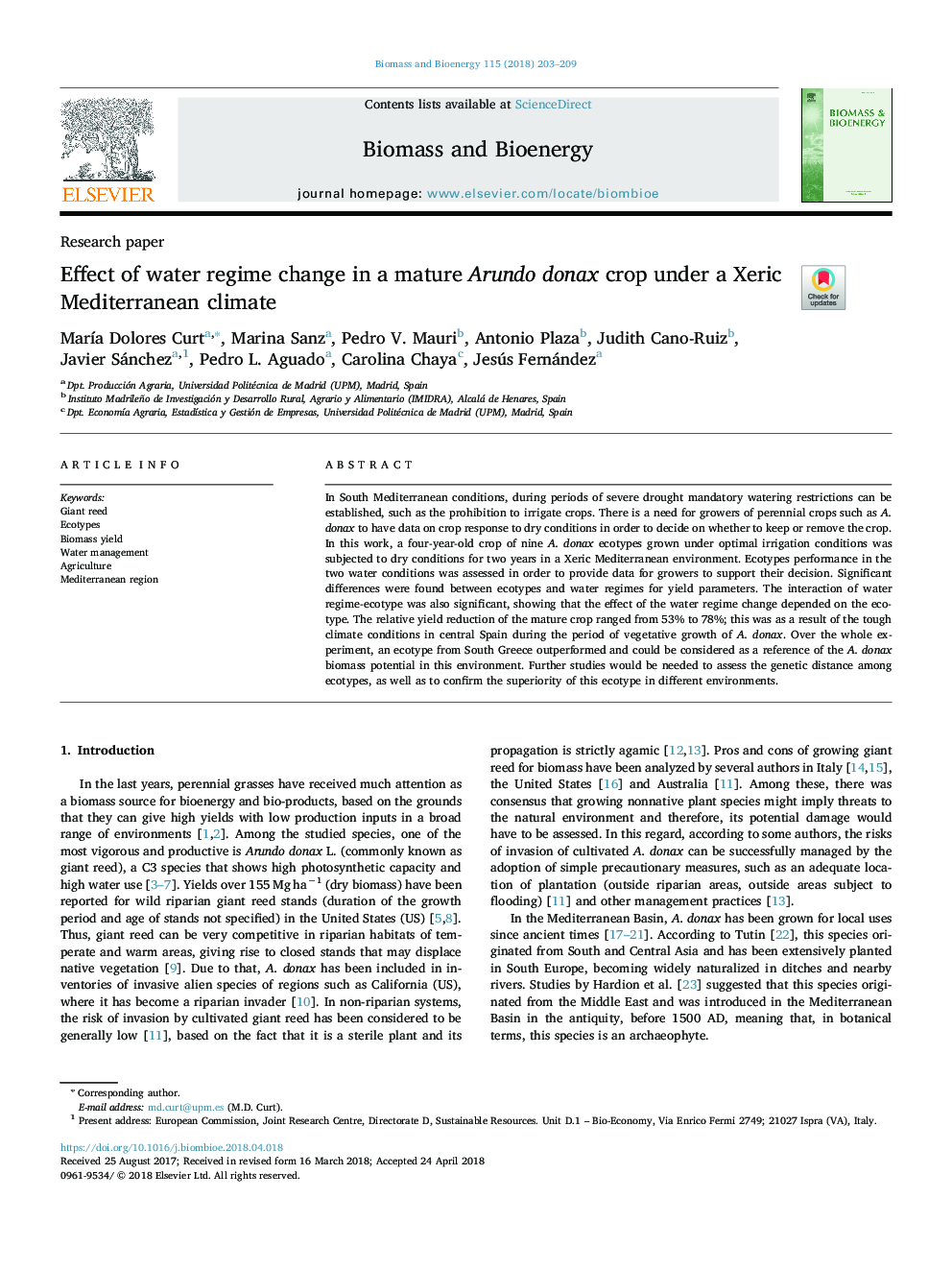 Effect of water regime change in a mature Arundo donax crop under a Xeric Mediterranean climate