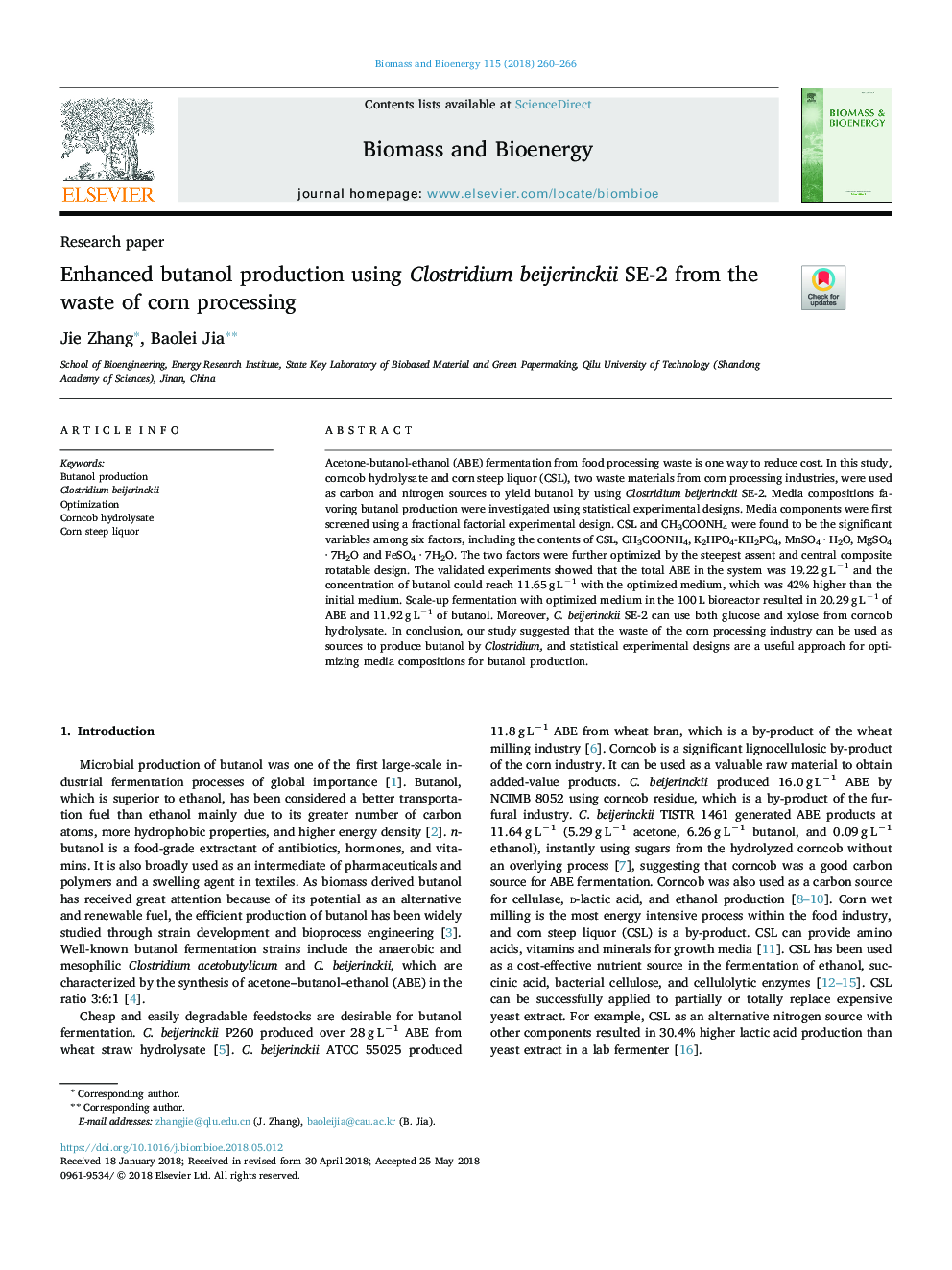 Enhanced butanol production using Clostridium beijerinckii SE-2 from the waste of corn processing