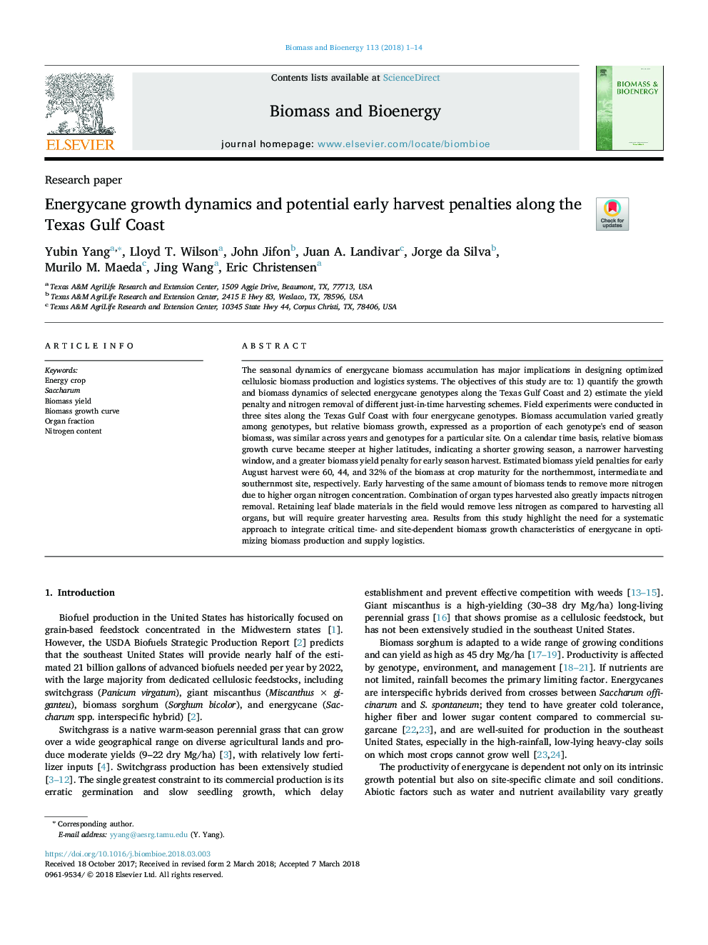 Energycane growth dynamics and potential early harvest penalties along the Texas Gulf Coast