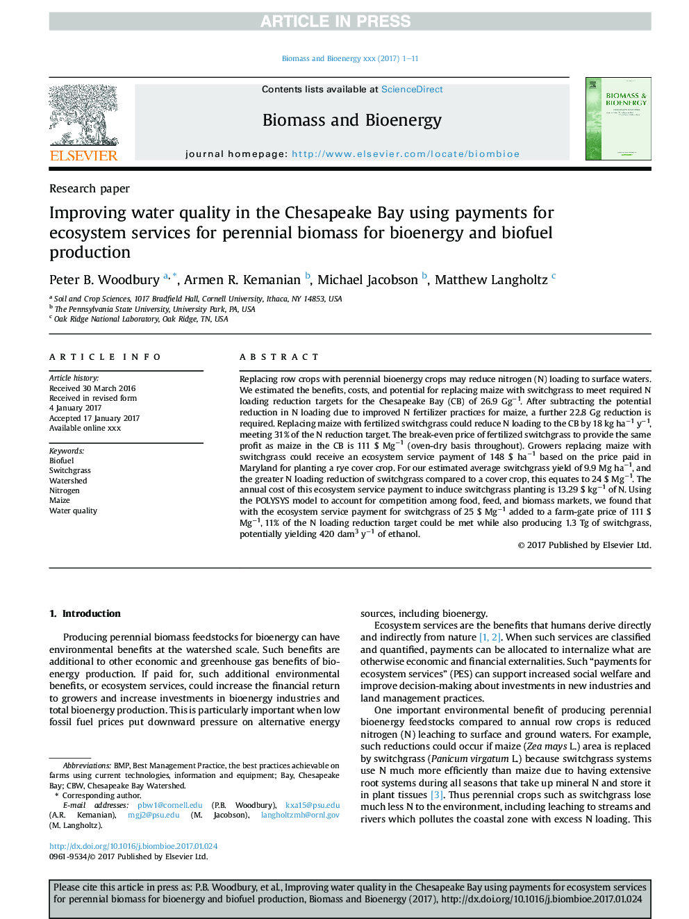 Improving water quality in the Chesapeake Bay using payments for ecosystem services for perennial biomass for bioenergy and biofuel production