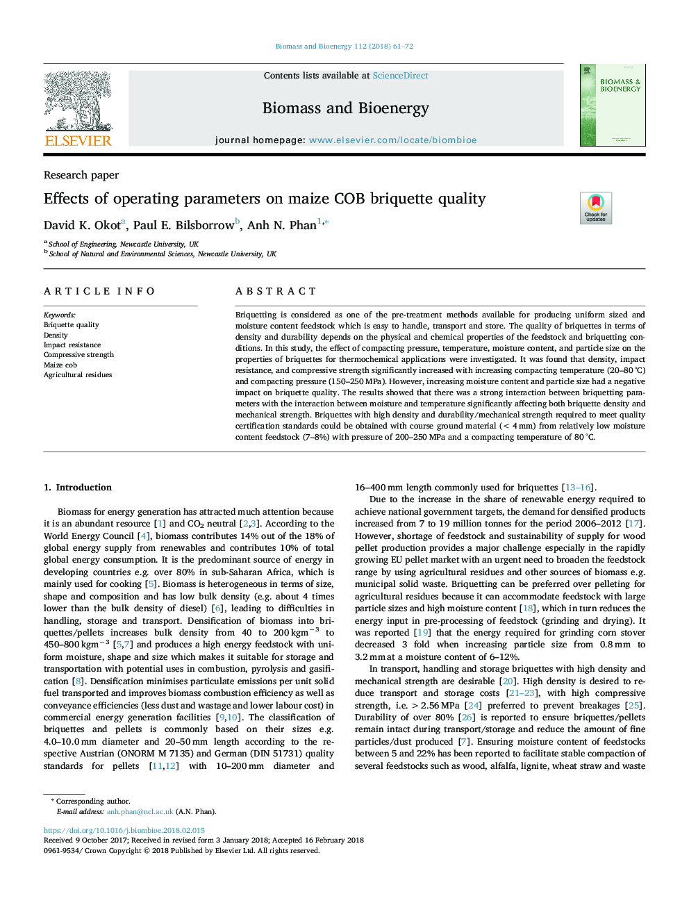 Effects of operating parameters on maize COB briquette quality