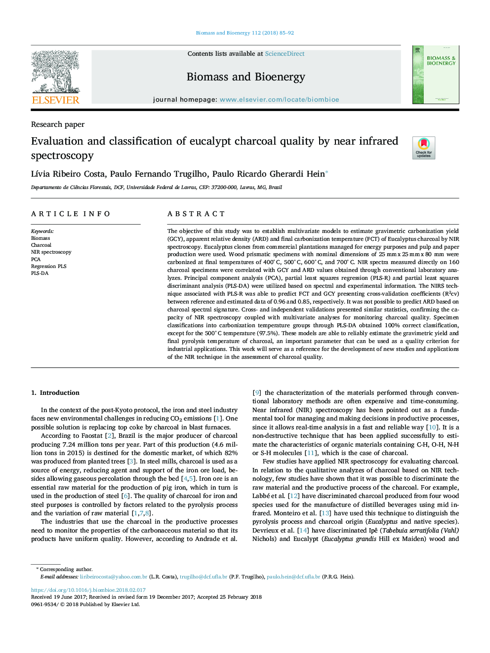 Evaluation and classification of eucalypt charcoal quality by near infrared spectroscopy