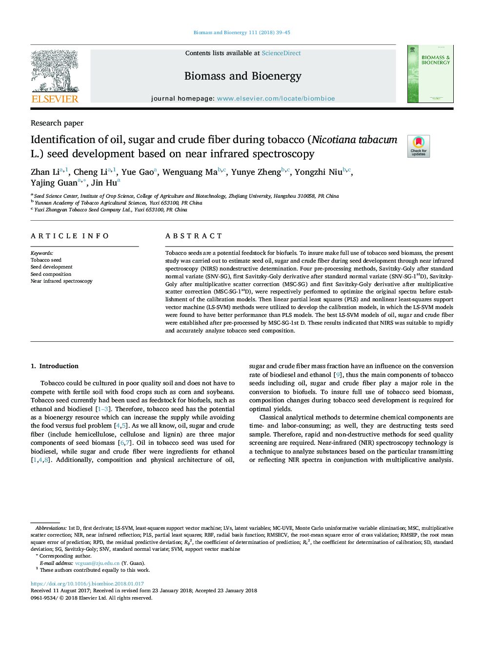 Identification of oil, sugar and crude fiber during tobacco (Nicotiana tabacum L.) seed development based on near infrared spectroscopy