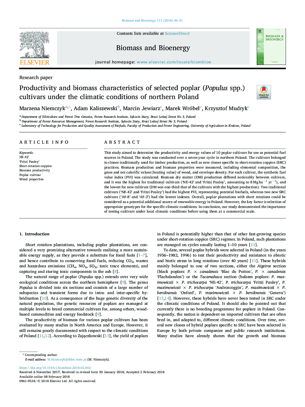 Productivity and biomass characteristics of selected poplar (Populus spp.) cultivars under the climatic conditions of northern Poland