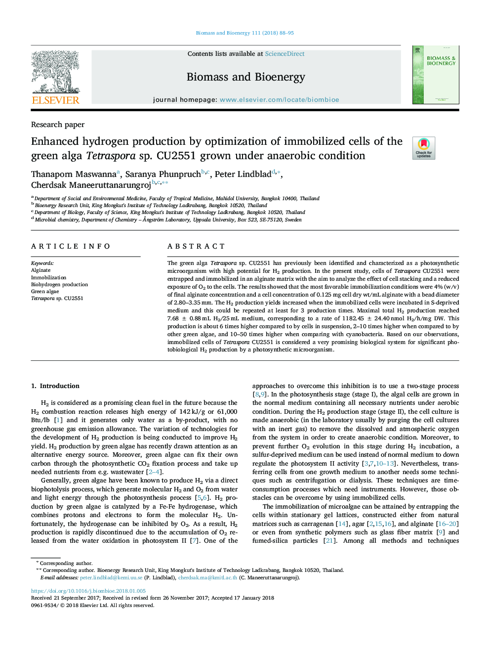 Enhanced hydrogen production by optimization of immobilized cells of the green alga Tetraspora sp. CU2551 grown under anaerobic condition