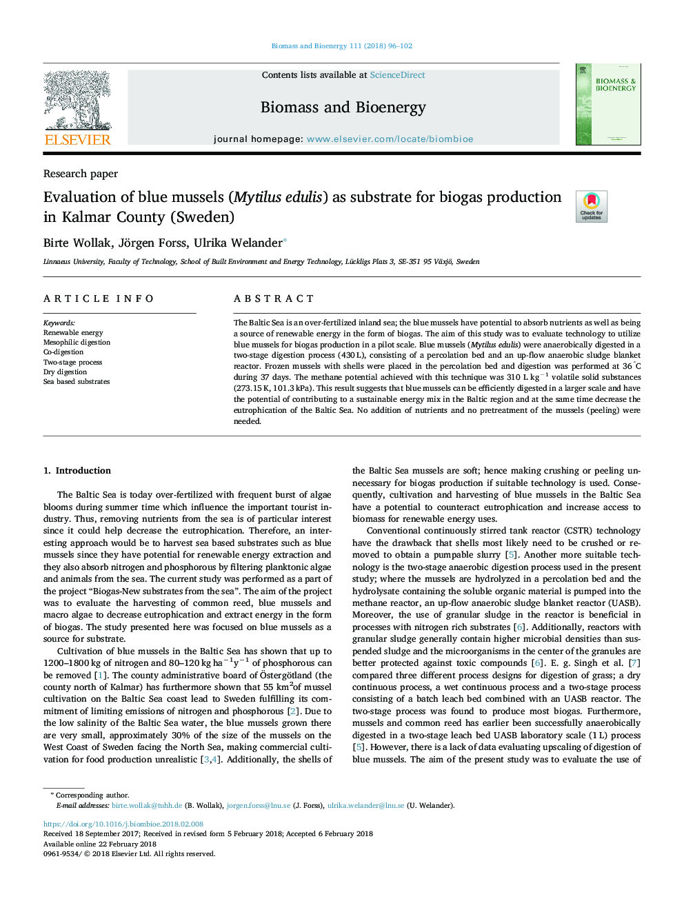 Evaluation of blue mussels (Mytilus edulis) as substrate for biogas production in Kalmar County (Sweden)