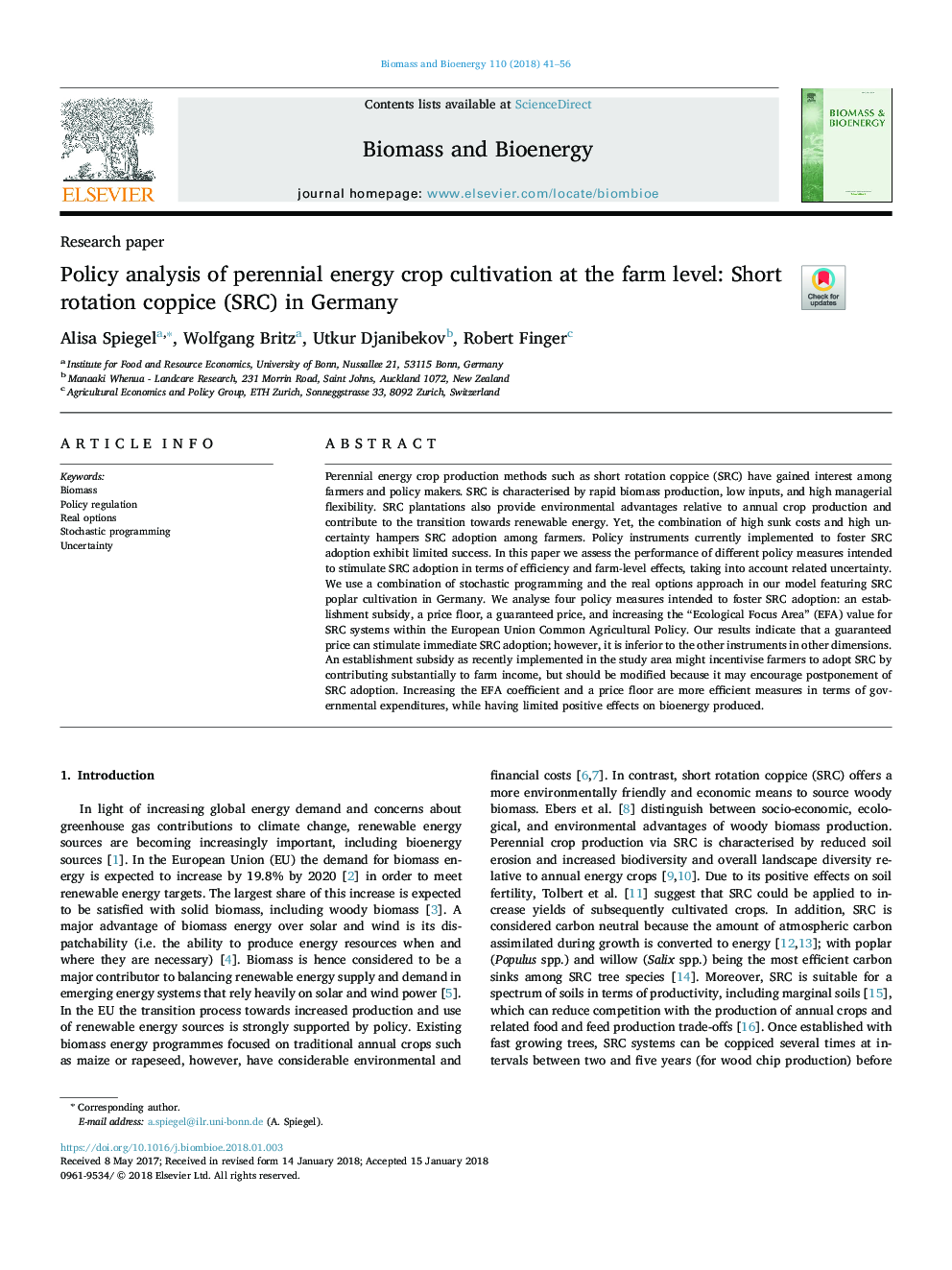 Policy analysis of perennial energy crop cultivation at the farm level: Short rotation coppice (SRC) in Germany