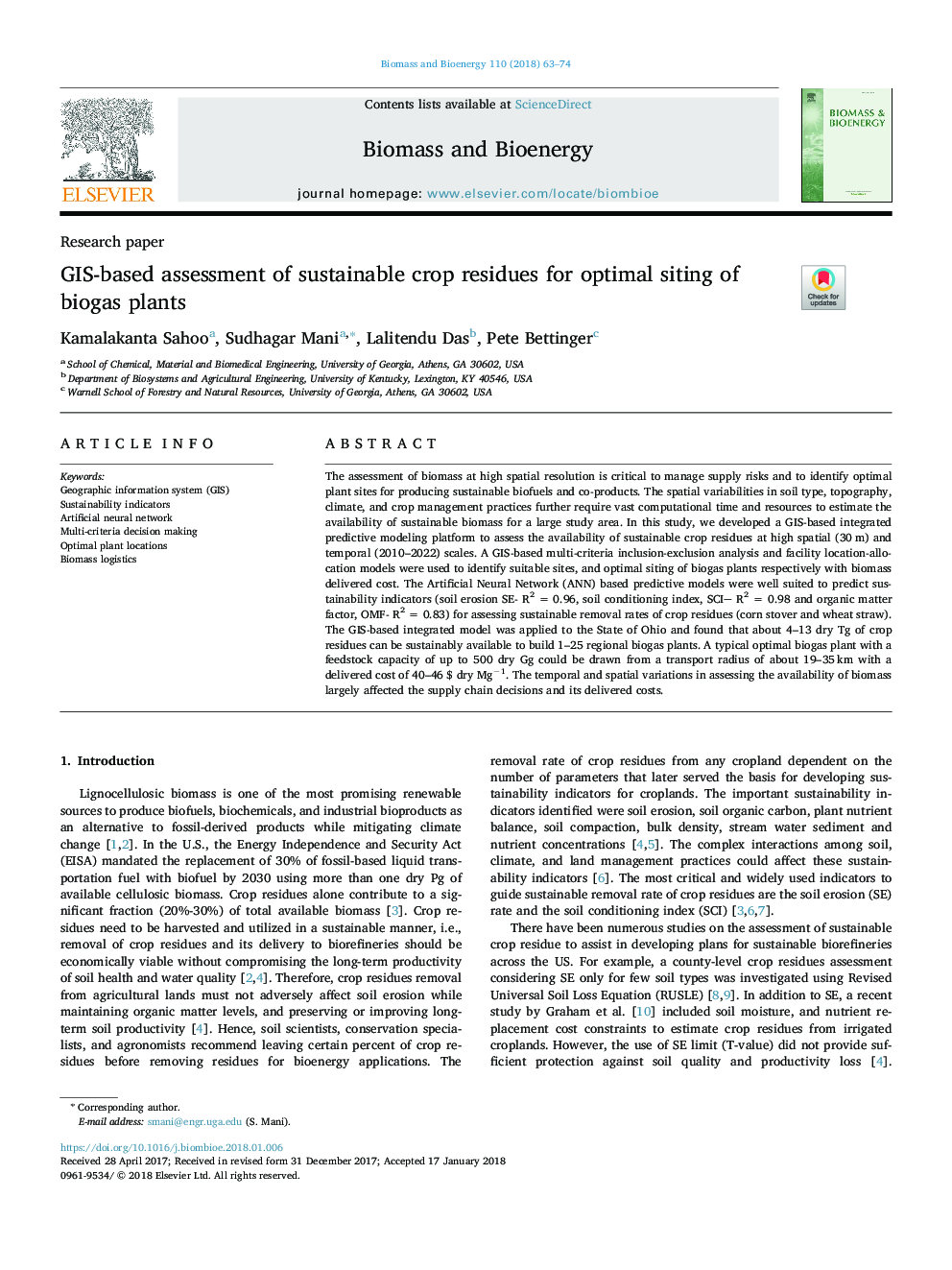 GIS-based assessment of sustainable crop residues for optimal siting of biogas plants