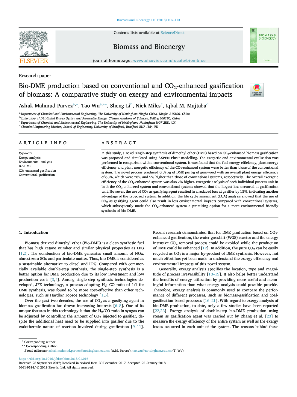 Bio-DME production based on conventional and CO2-enhanced gasification of biomass: A comparative study on exergy and environmental impacts