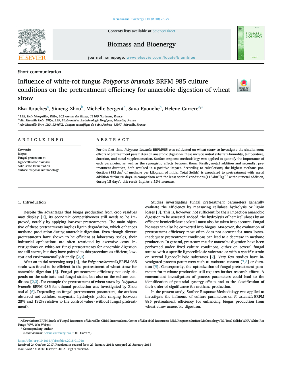 Influence of white-rot fungus Polyporus brumalis BRFM 985 culture conditions on the pretreatment efficiency for anaerobic digestion of wheat straw