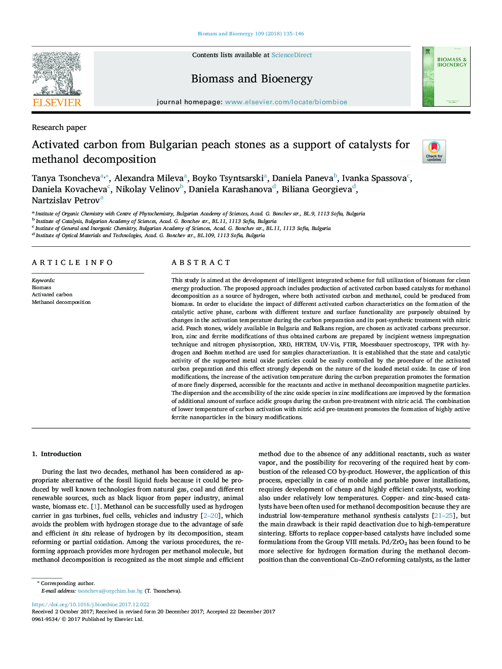 Activated carbon from Bulgarian peach stones as a support of catalysts for methanol decomposition