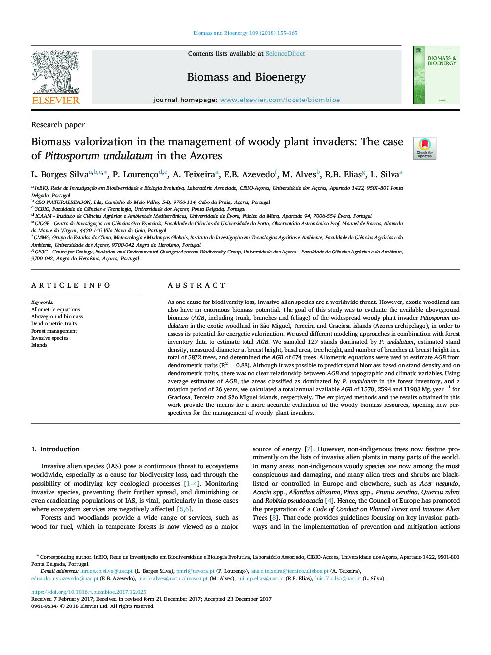 Biomass valorization in the management of woody plant invaders: The case of Pittosporum undulatum in the Azores