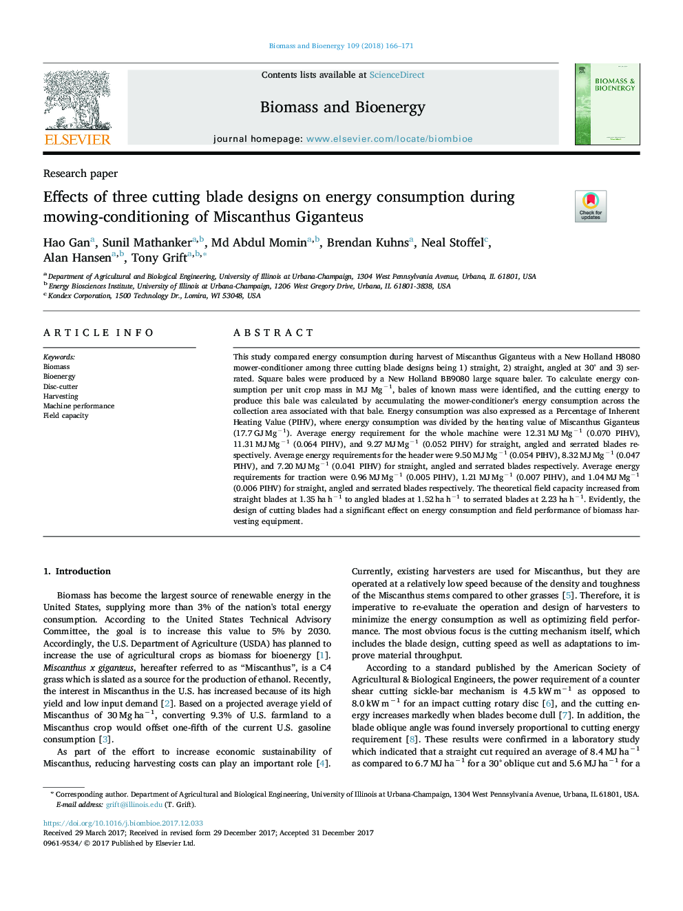 Effects of three cutting blade designs on energy consumption during mowing-conditioning of Miscanthus Giganteus