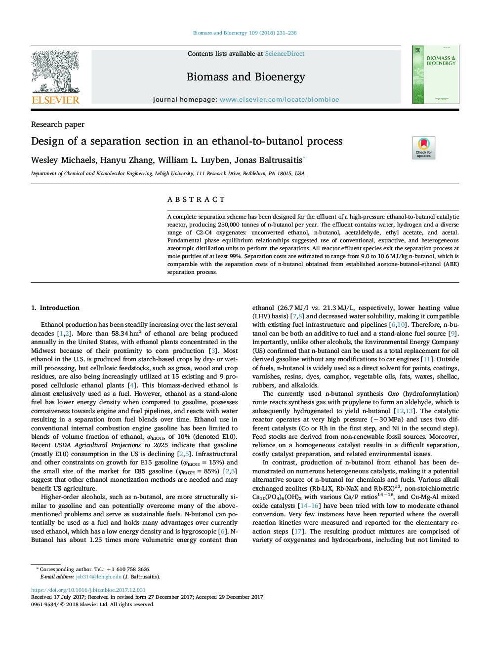 Design of a separation section in an ethanol-to-butanol process