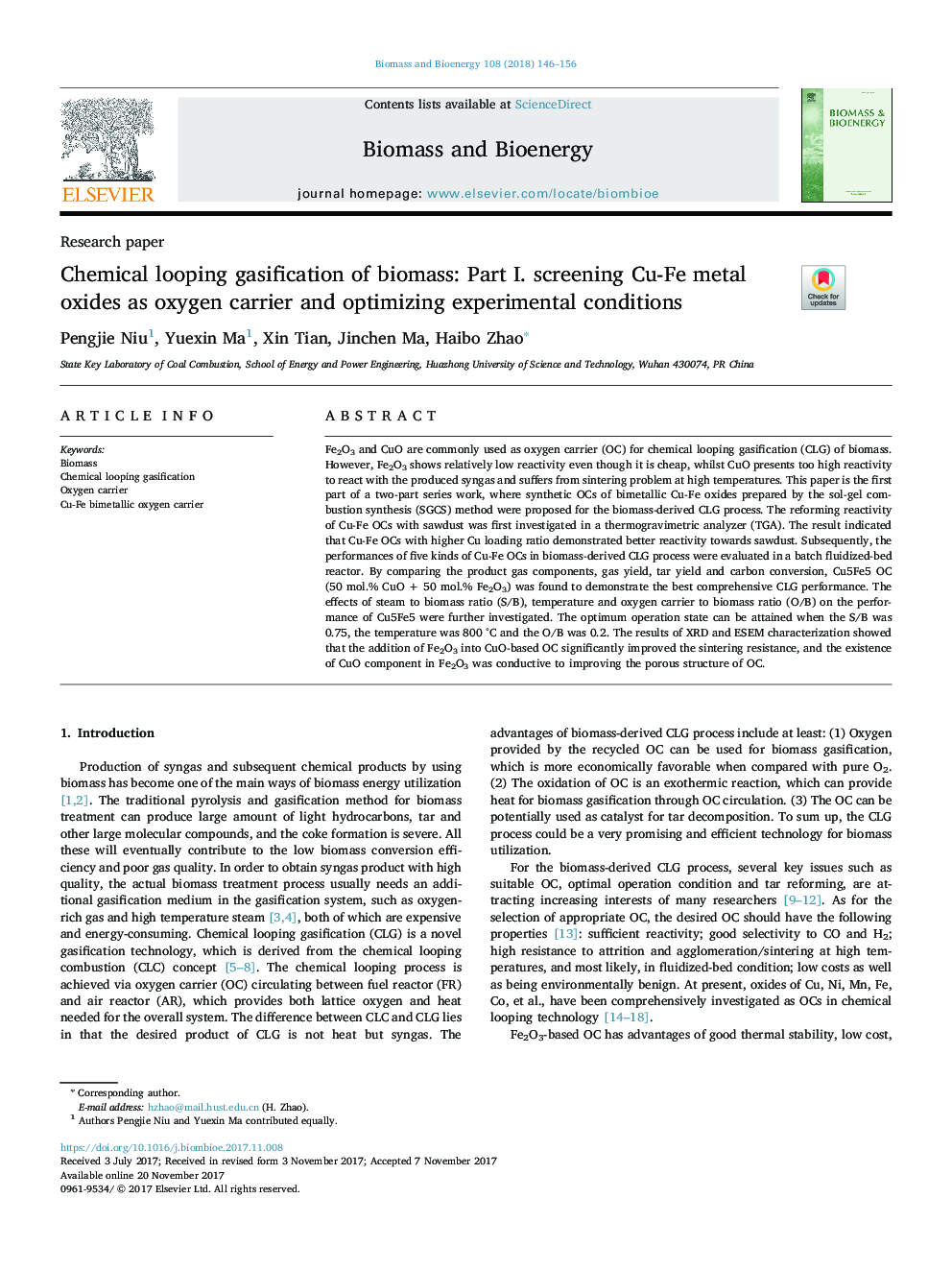 Chemical looping gasification of biomass: Part I. screening Cu-Fe metal oxides as oxygen carrier and optimizing experimental conditions