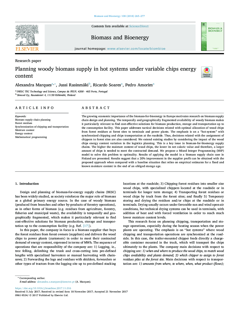 Planning woody biomass supply in hot systems under variable chips energy content