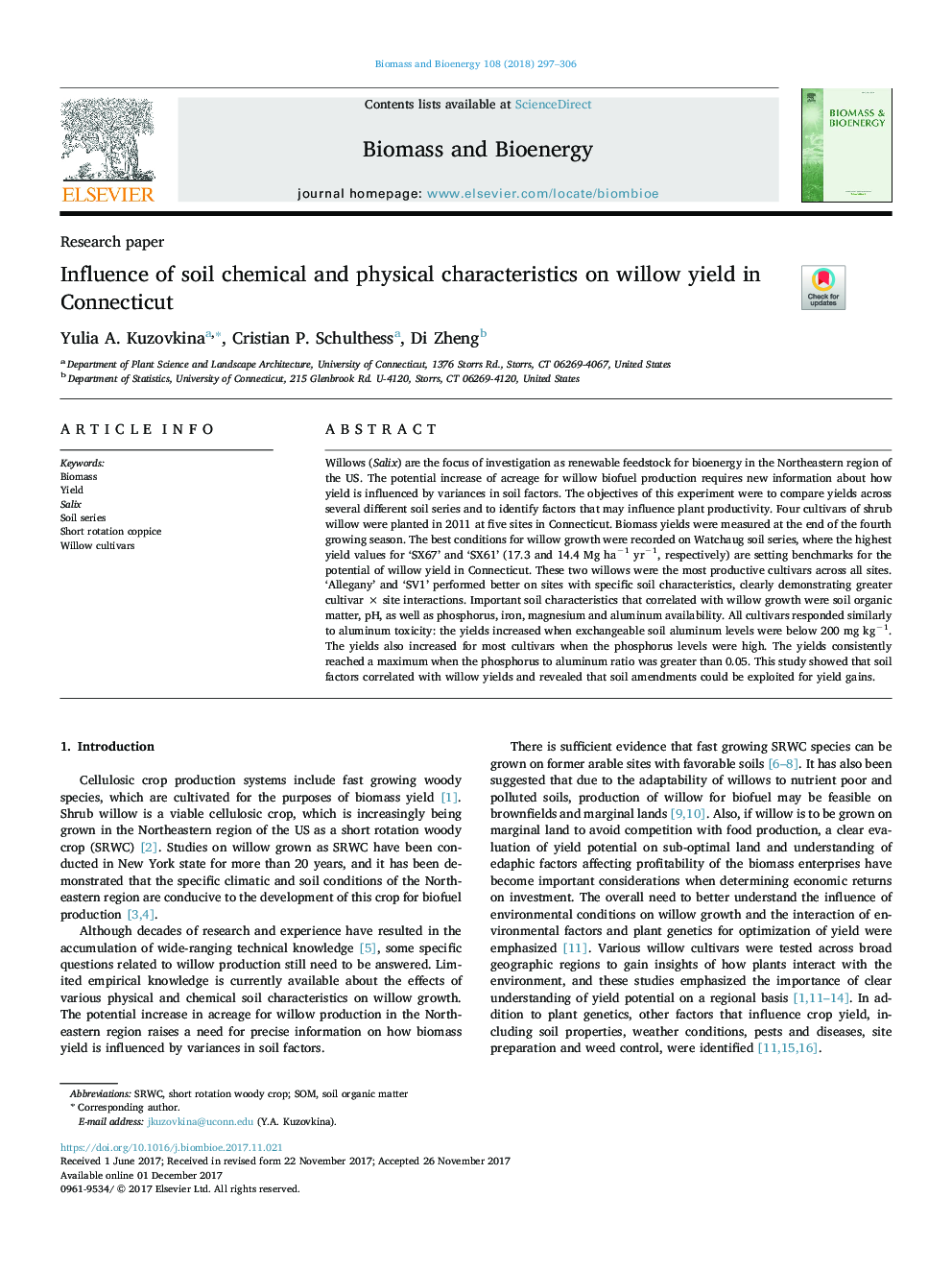 Influence of soil chemical and physical characteristics on willow yield in Connecticut