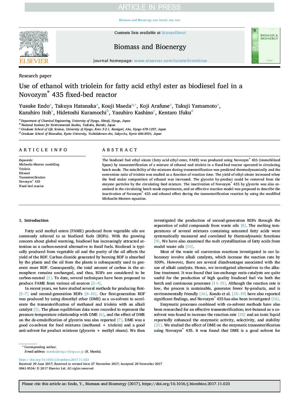 Use of ethanol with triolein for fatty acid ethyl ester as biodiesel fuel in a Novozym® 435 fixed-bed reactor