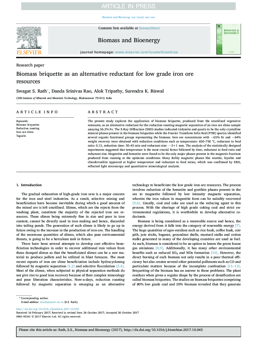 Biomass briquette as an alternative reductant for low grade iron ore resources