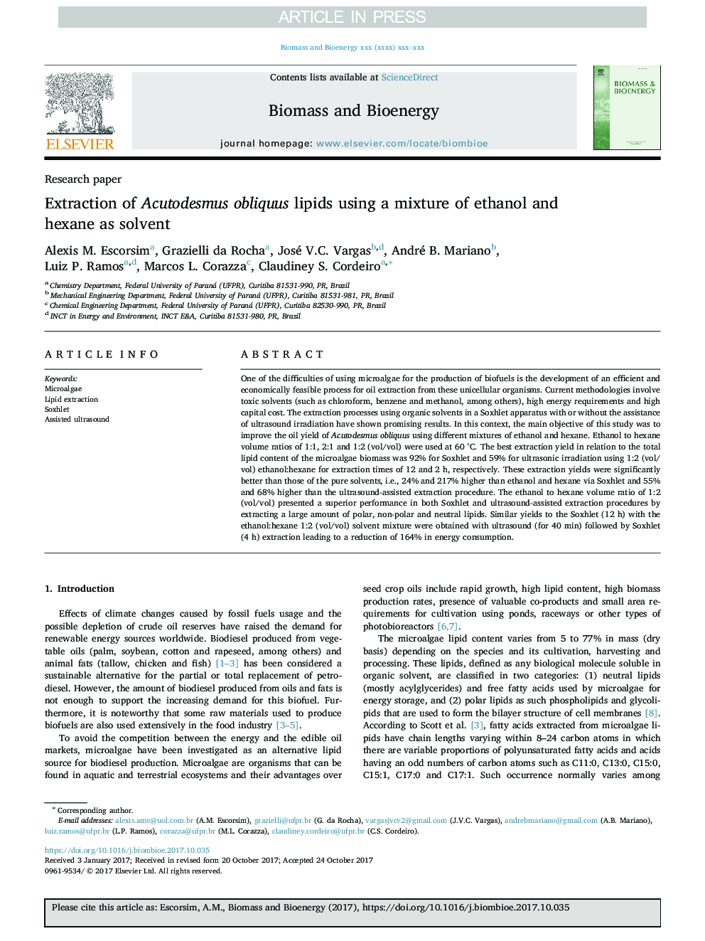 Extraction of Acutodesmus obliquus lipids using a mixture of ethanol and hexane as solvent