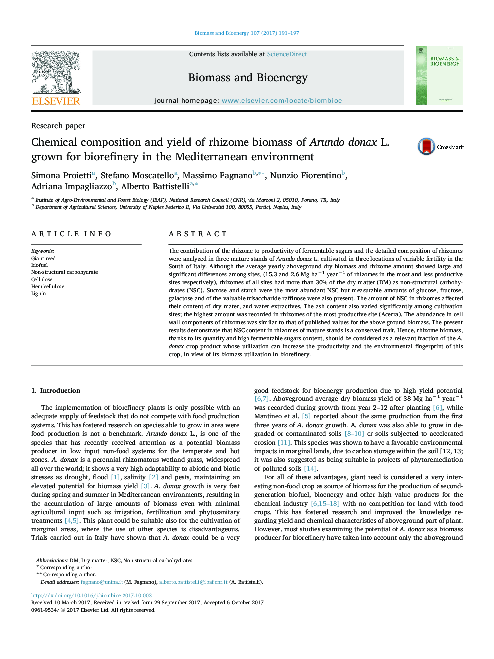 Chemical composition and yield of rhizome biomass of Arundo donax L. grown for biorefinery in the Mediterranean environment