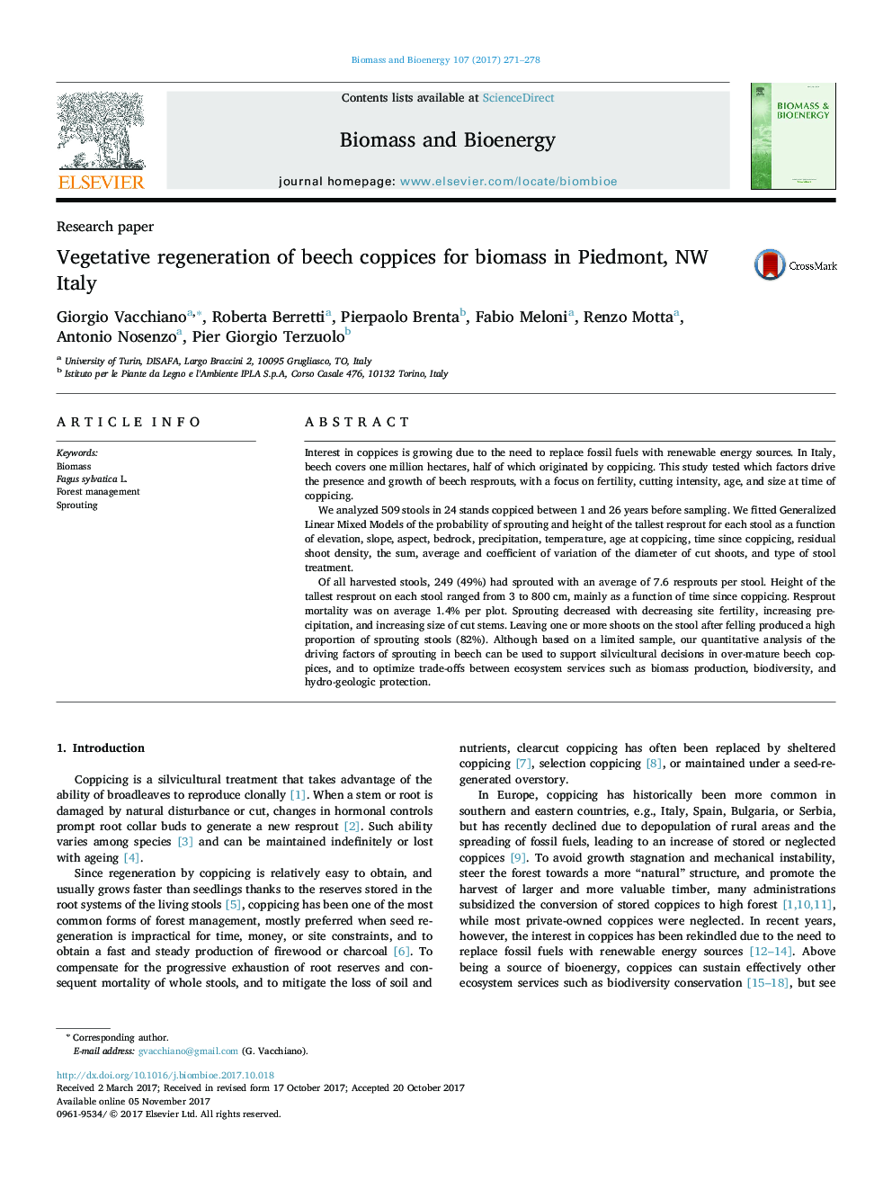 Vegetative regeneration of beech coppices for biomass in Piedmont, NW Italy