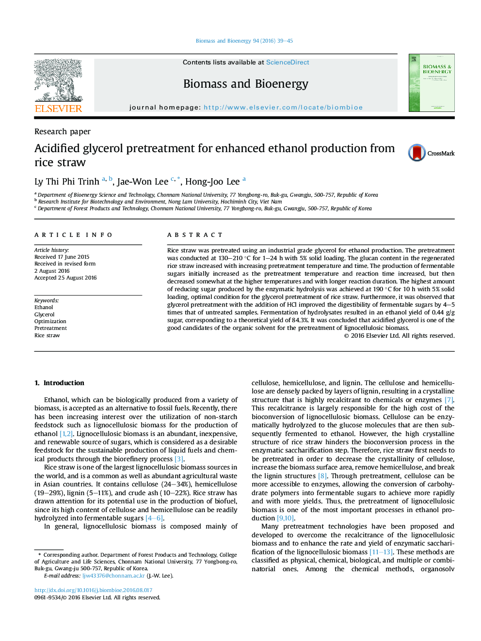 Acidified glycerol pretreatment for enhanced ethanol production from rice straw