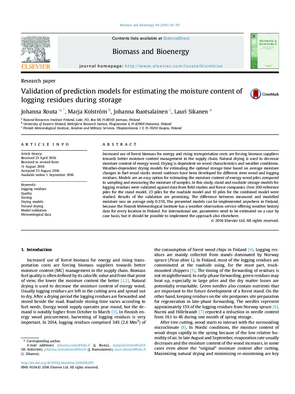 Validation of prediction models for estimating the moisture content of logging residues during storage
