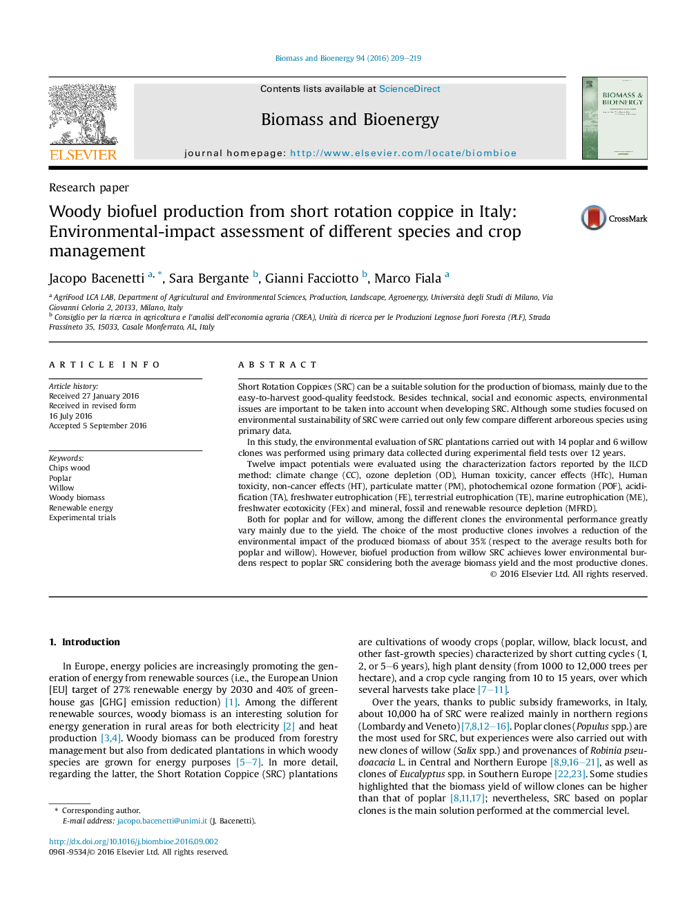 Woody biofuel production from short rotation coppice in Italy: Environmental-impact assessment of different species and crop management