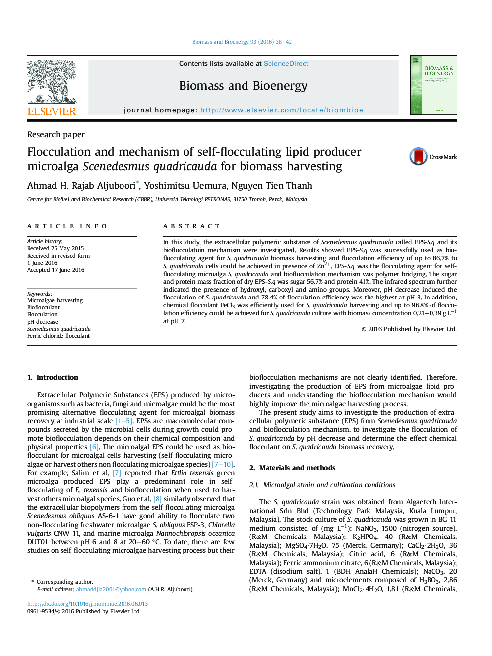 Flocculation and mechanism of self-flocculating lipid producer microalga Scenedesmus quadricauda for biomass harvesting