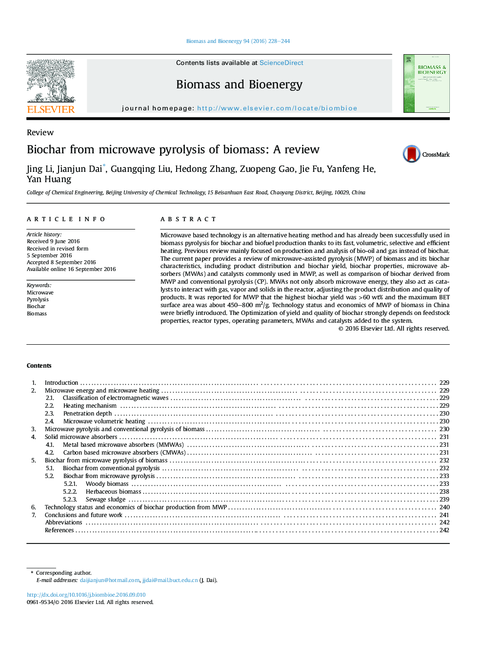 Biochar from microwave pyrolysis of biomass: A review