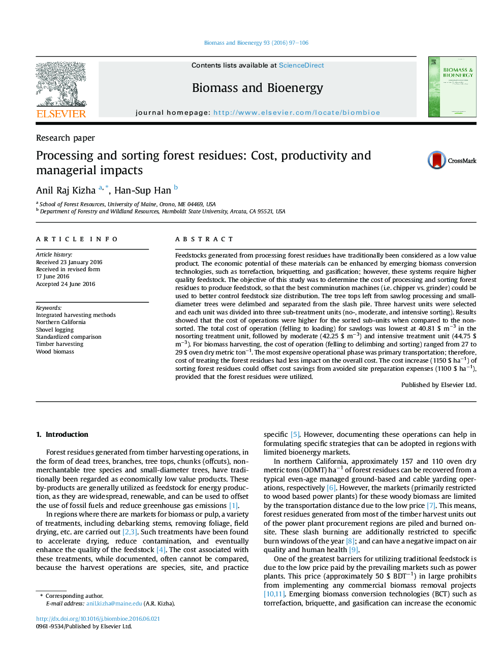 Processing and sorting forest residues: Cost, productivity and managerial impacts