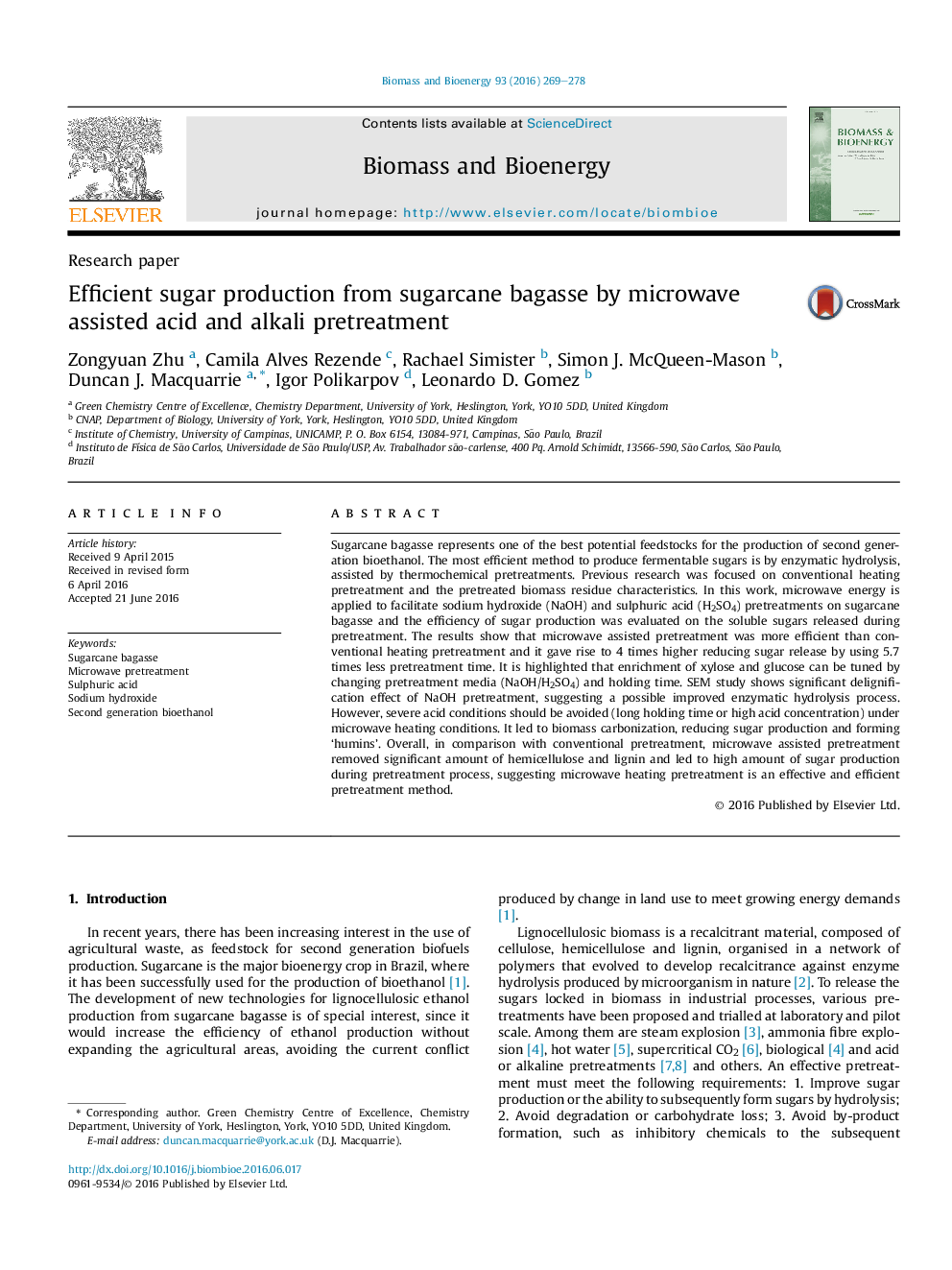 Efficient sugar production from sugarcane bagasse by microwave assisted acid and alkali pretreatment