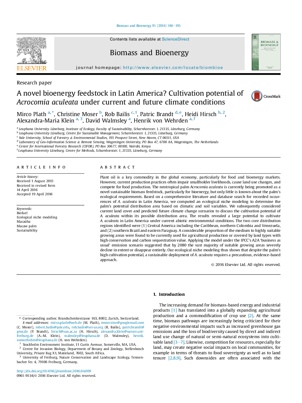 A novel bioenergy feedstock in Latin America? Cultivation potential of Acrocomia aculeata under current and future climate conditions